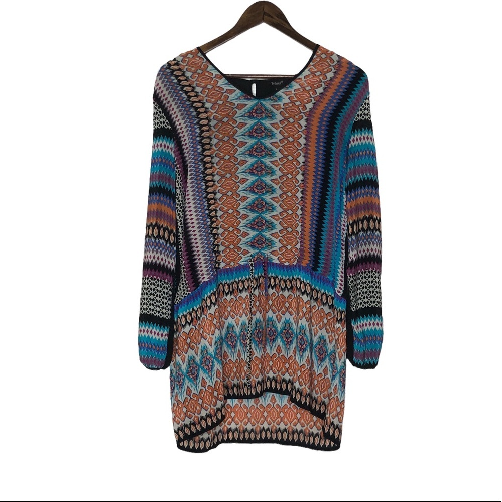 Tolani Jessica 100% Silk Long Sleeve Tribal Print Zig Zag Short Dress Size Small